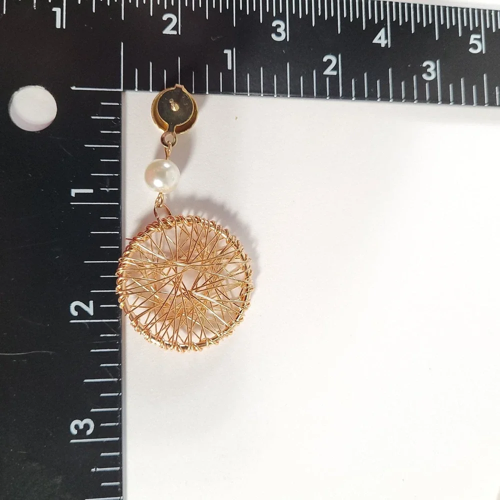 Wire Wrapped Nest Drop Earrings Women Gold Faux Pearl Round Dangle Studs
